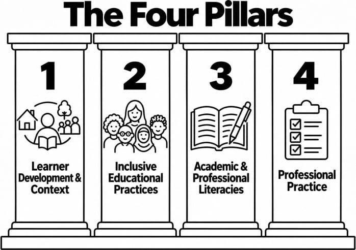 The Four Pillars: Learner Development & Context, Inclusive Educational Practices, Academic & Professional Literacies, and Professional Practice